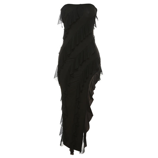 2025 Summer Trend Skinny Women's Tube Top Backless Split Tassel Dress Birthday Party Clubwear