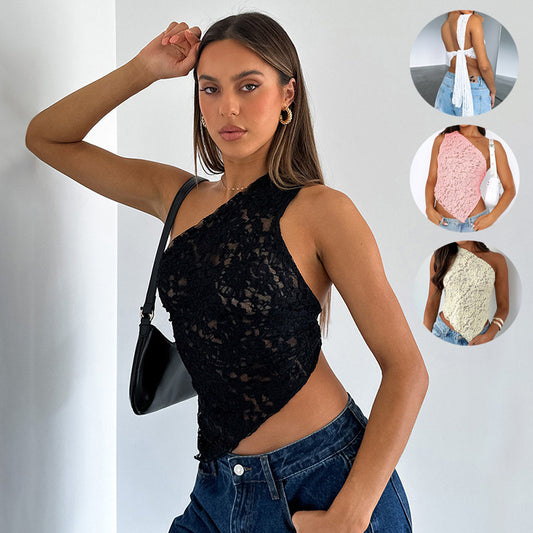 Women's Top Solid Lace Backless One Shoulder Hanging Neck Vest