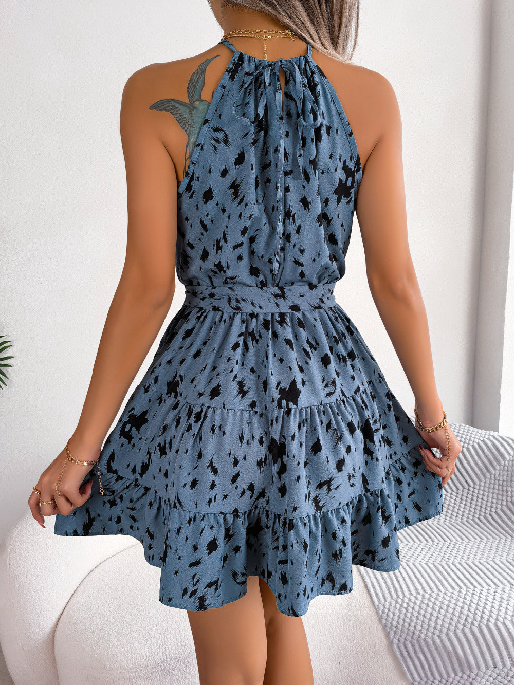 Ladies Casual Leopard Print Ruffled Swing Dress Summer Fashion Beach Dresses Women