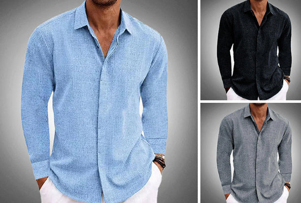 Mens Fashion Long Sleeve T-shirt Undershirt Solid Color Long Sleeve Cotton Linen Shirt Men