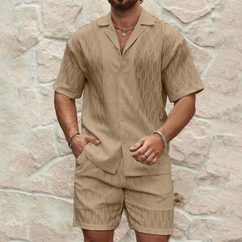Men Summer Fashion Solid Loose Casual Two Pieces Lapel Button Shirt Shorts Beach Holiday