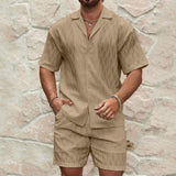 Men Summer Fashion Solid Loose Casual Two Pieces Lapel Button Shirt Shorts Beach Holiday