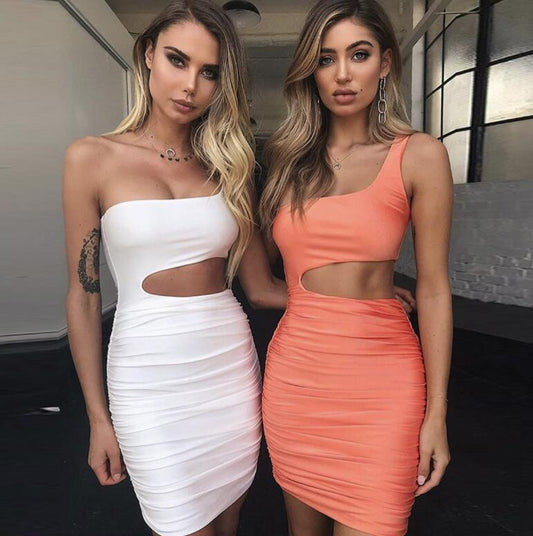 Womens Slim One-shoulder Short Dress Sexy Fashion Hollow Mini Dresses