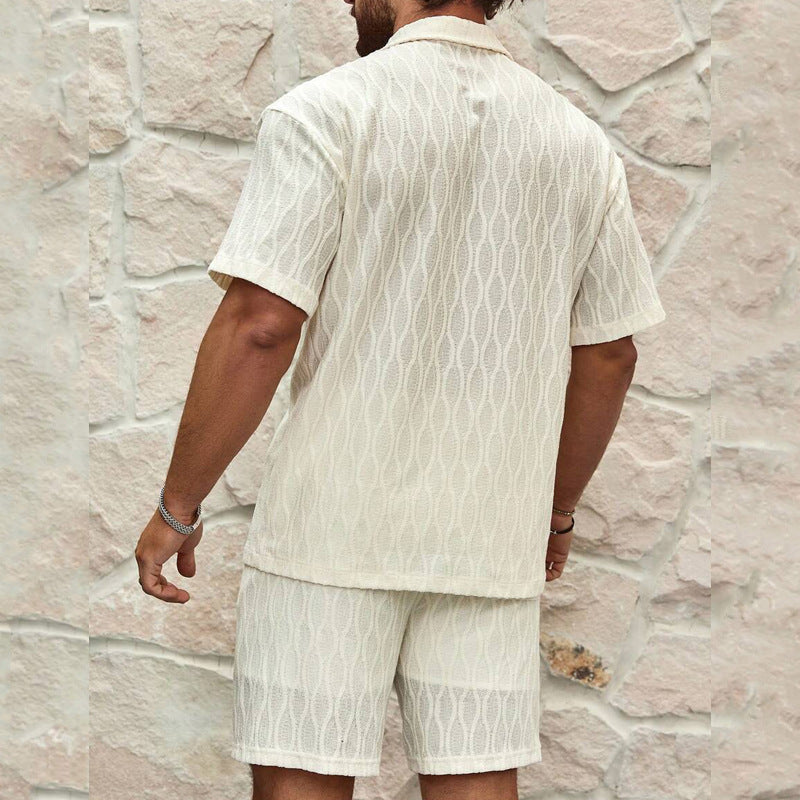 Men Summer Fashion Solid Loose Casual Two Pieces Lapel Button Shirt Shorts Beach Holiday