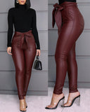 Womens Faux Leather Tie Waist Pants
