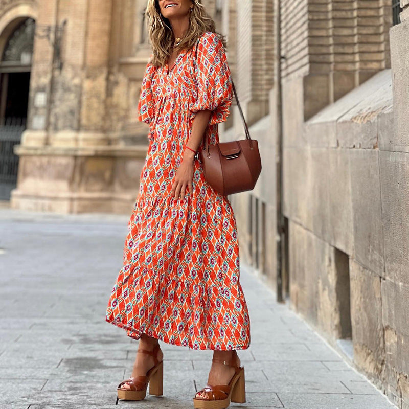Women Summer Short Sleeve V Neck Casual Loose Beach Dress Ladies Long  Dresses