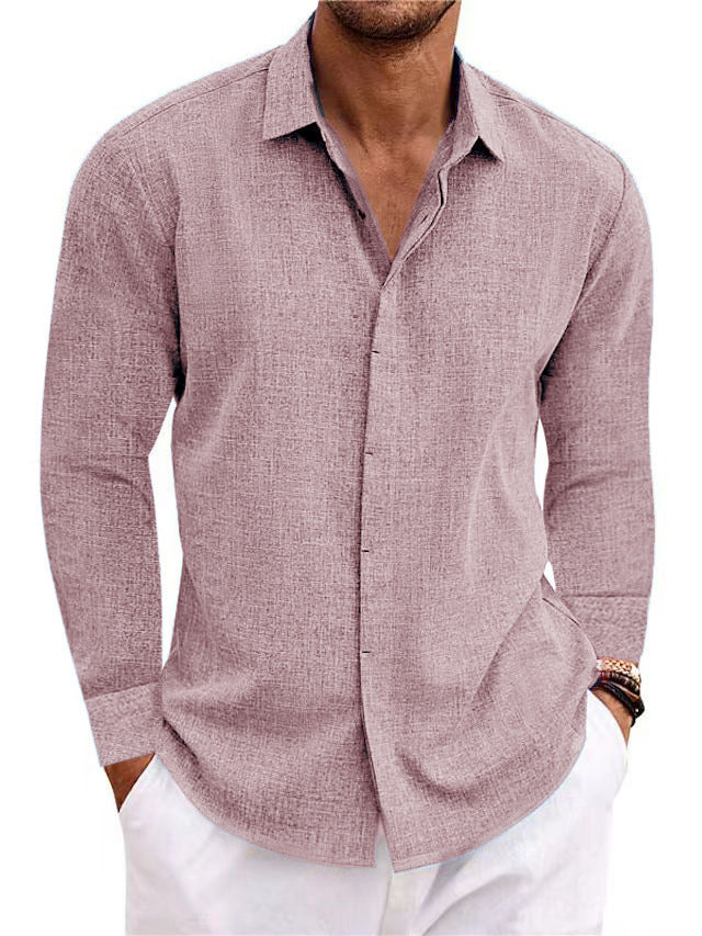 Mens Fashion Long Sleeve T-shirt Undershirt Solid Color Long Sleeve Cotton Linen Shirt Men