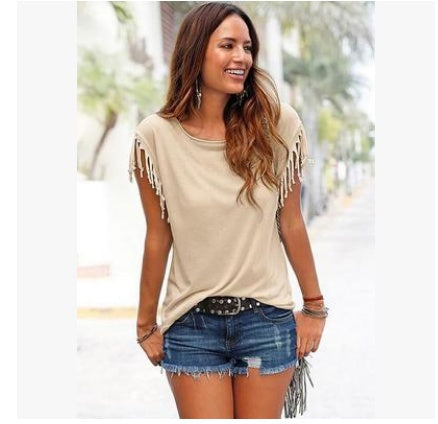 Ladies Europe and America big size round neck short sleeve cuffs tassel T-shirt cotton tops