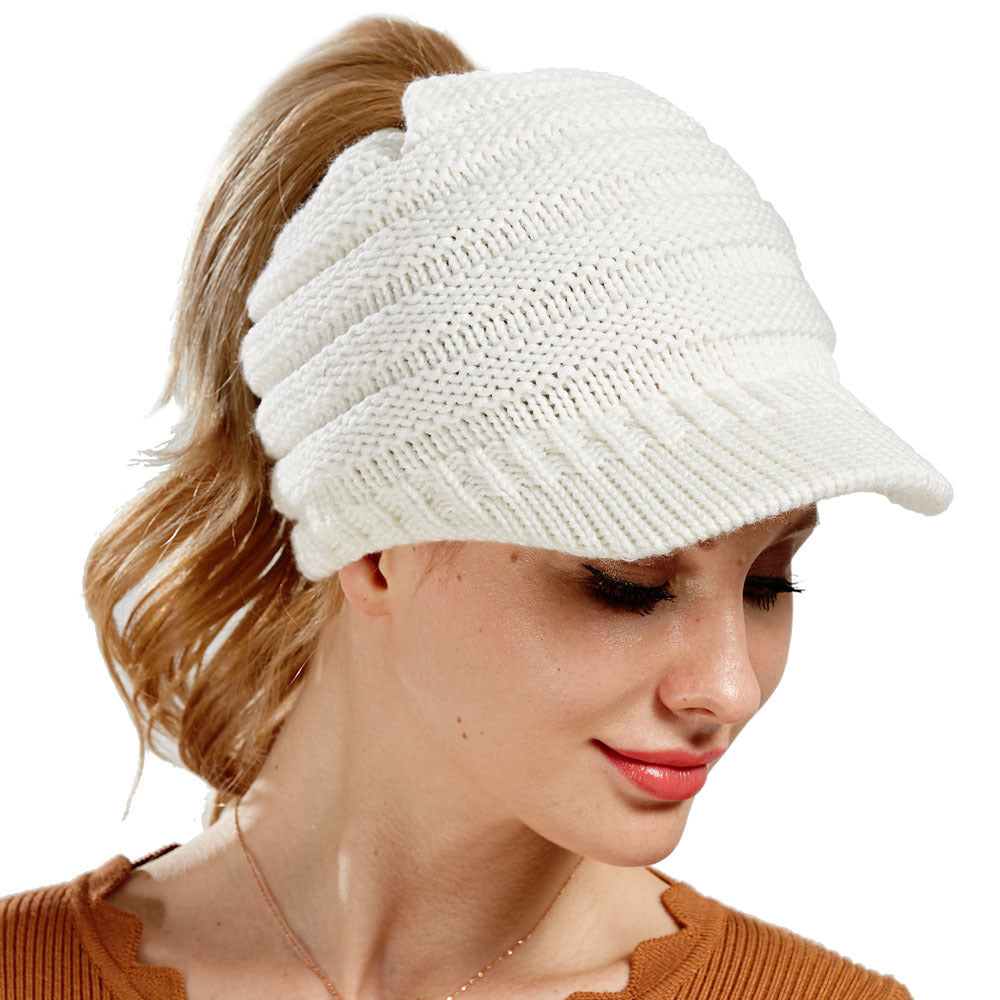 Ponytail Beanie Hat Knitted High Warm Winter Women Tail Skullies