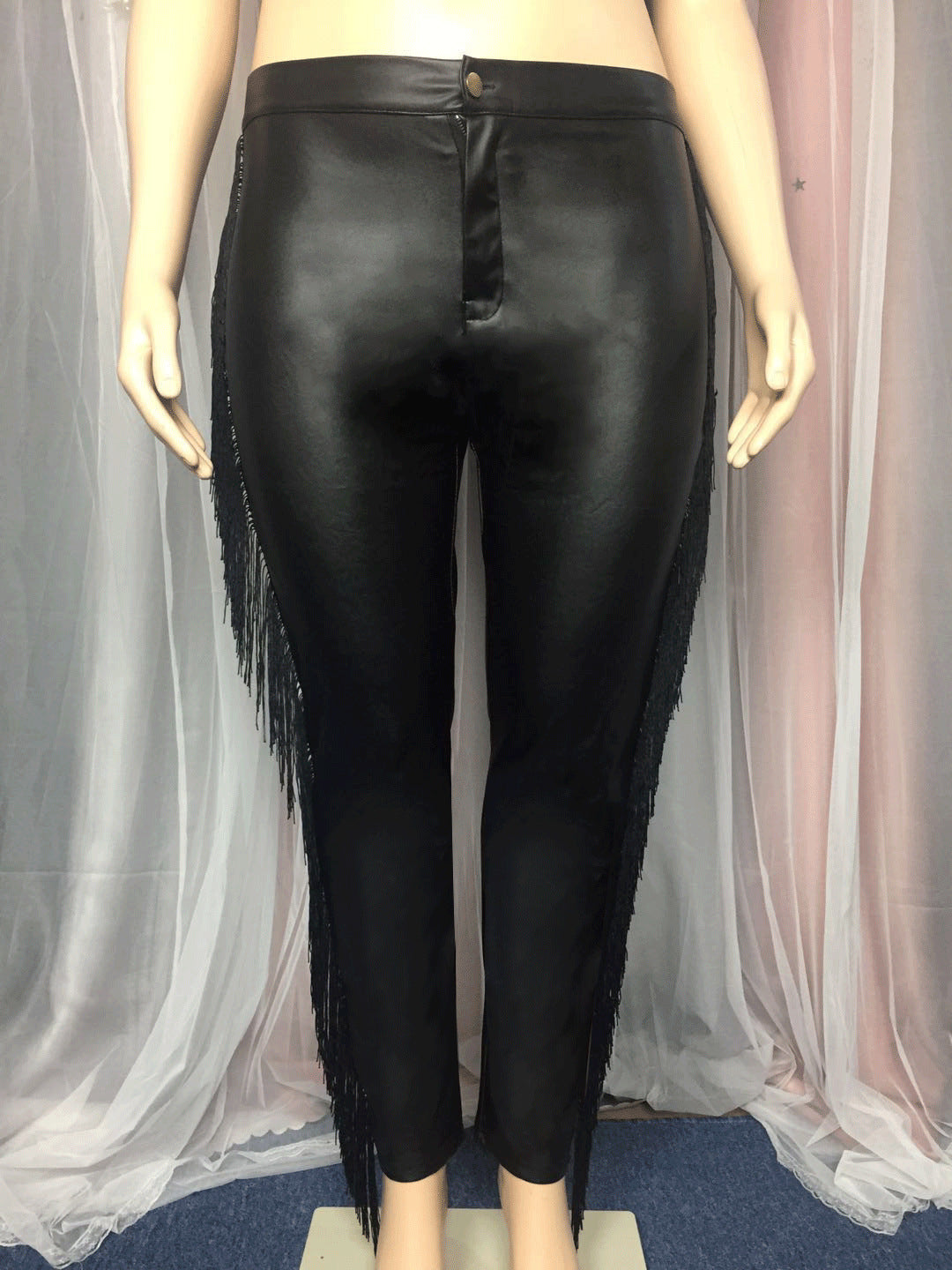 Womens Faux Leather Tassel Wrap Buttocks 9 Inch Large Pants