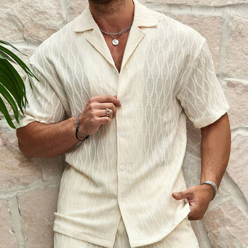 Men Summer Fashion Solid Loose Casual Two Pieces Lapel Button Shirt Shorts Beach Holiday