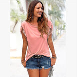 Ladies Europe and America big size round neck short sleeve cuffs tassel T-shirt cotton tops