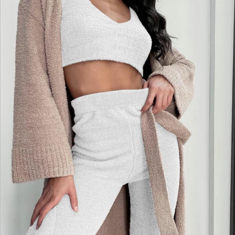 Womens Clothing 3 pcs Long Sleeve Crop Tank Top And Drawstring Shorts Pajama Set