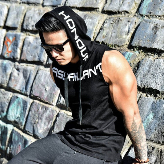 Men's Workout Hooded Tank Tops Sleeveless Gym Hoodies Bodybuilding Muscle Cut Off T-Shirts