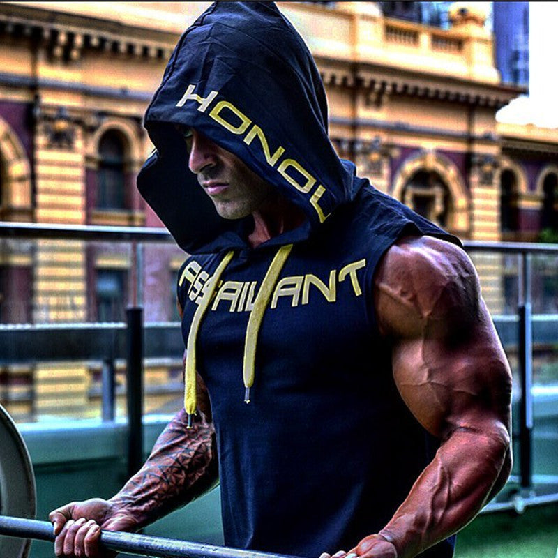 Men's Workout Hooded Tank Tops Sleeveless Gym Hoodies Bodybuilding Muscle Cut Off T-Shirts