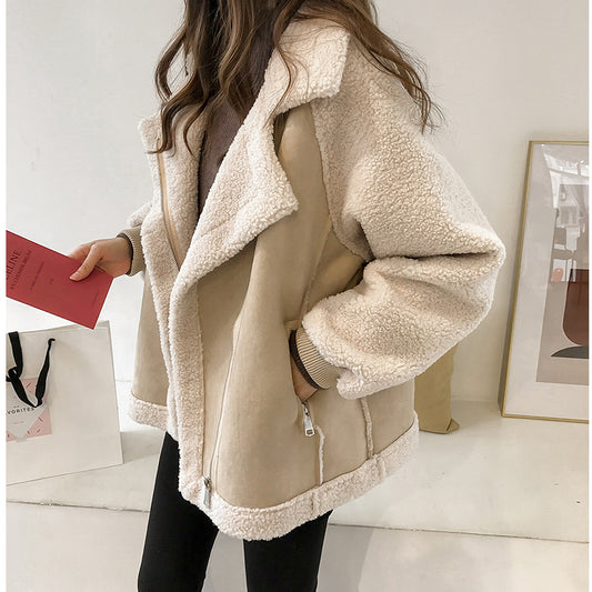 Womens Fashion Suede Jacket Women Short Lamb Velvet Motorcycle Jacket