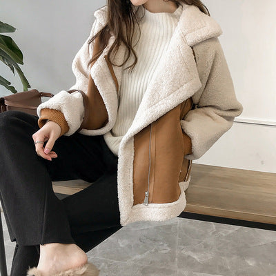 Womens Fashion Suede Jacket Women Short Lamb Velvet Motorcycle Jacket