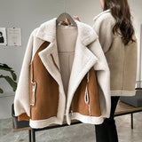 Womens Fashion Suede Jacket Women Short Lamb Velvet Motorcycle Jacket