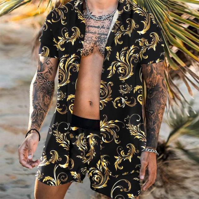 Mens Floral Shirt Beach Two Piece Suit New Fashion Men Sets