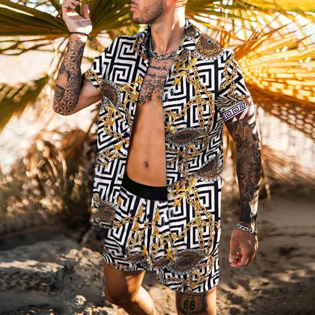 Mens Floral Shirt Beach Two Piece Suit New Fashion Men Sets