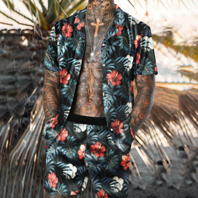 Mens Floral Shirt Beach Two Piece Suit New Fashion Men Sets