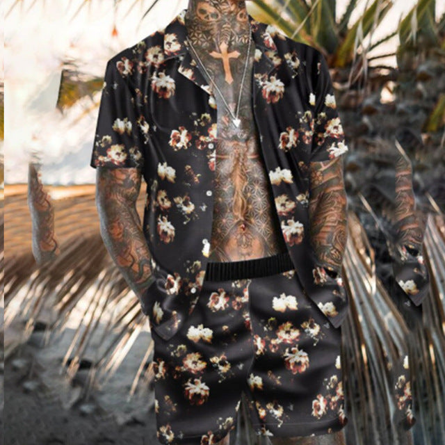 Mens Floral Shirt Beach Two Piece Suit New Fashion Men Sets