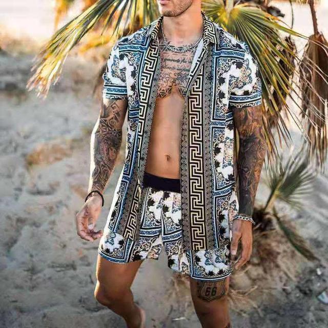 Mens Floral Shirt Beach Two Piece Suit New Fashion Men Sets