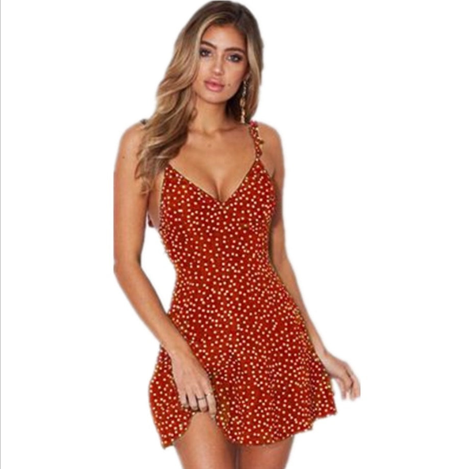 Womens Polka-dot Strappy Dress Women Summer Fashion Beach Sundress