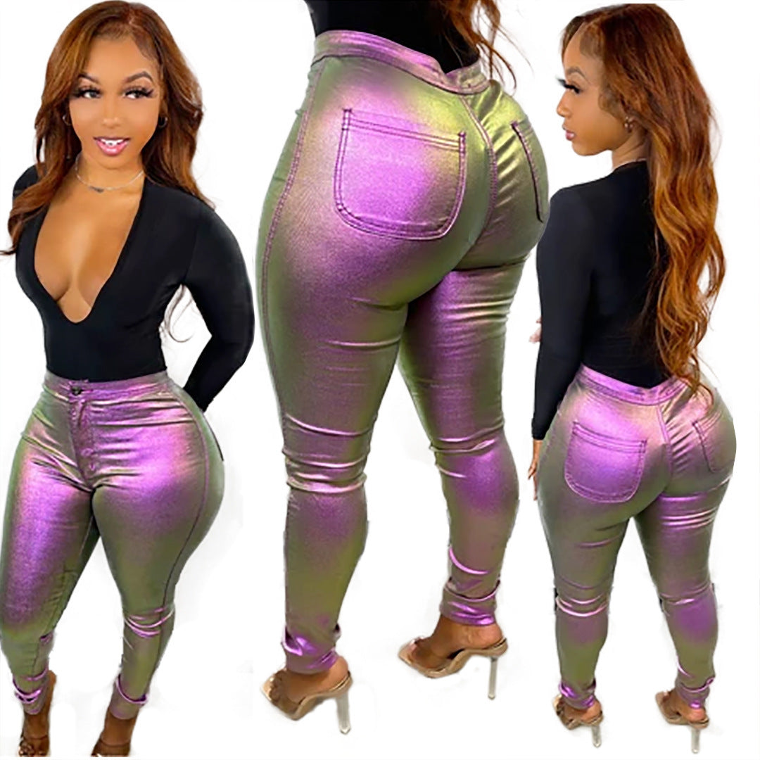 Women's Gradient High Waist legging tight Button Brite Leather Pencil Pants