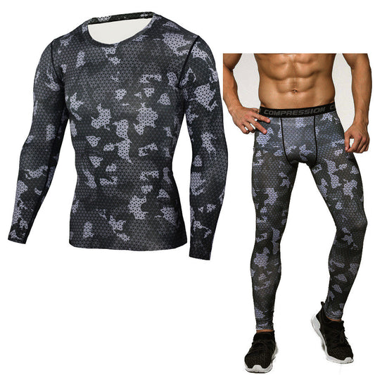 Men Fitness suits Camouflage Compression Baselayer Set Sports Compression Set Long Sleeve T-Shirt Tights Exercise Clothes Workout Bodysuit