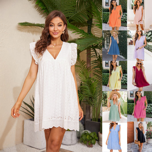 ladies Lace Dresses With Pocket Summer Sleeveless Jacquard Cutout V-Neck Beach Dress