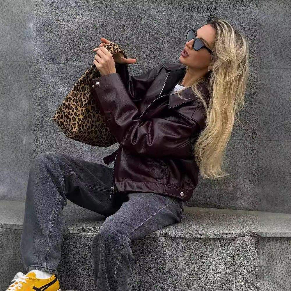Womens faux Leather Jackets Solid Color Lapel Zipper Long Sleeve Leather Coat