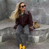 Womens faux Leather Jackets Solid Color Lapel Zipper Long Sleeve Leather Coat
