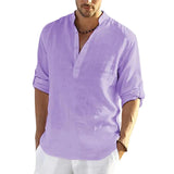 Men's Casual Baggy Cotton Linen Solid Long Sleeve Pocket Stand Collar Shirts Top