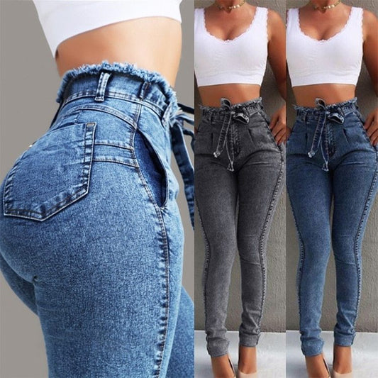 Ladies High Waist Fringed Colombian Style Skinny Jeans