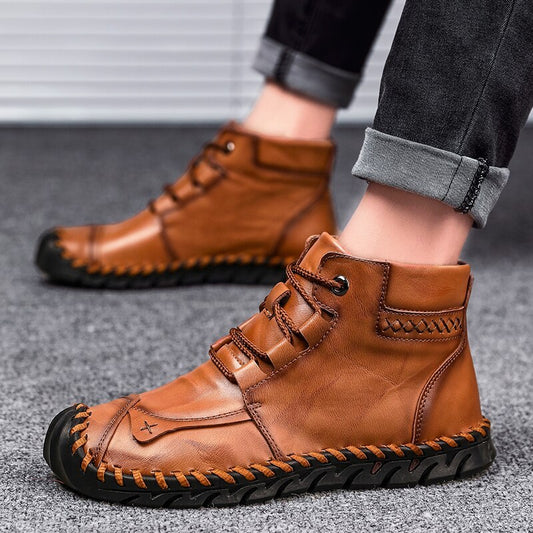 Mens Casual Leather Shoes Ankle Chukka Boots Slip On Lightweight Loafers Mid top Walking Driving Shoes for Male