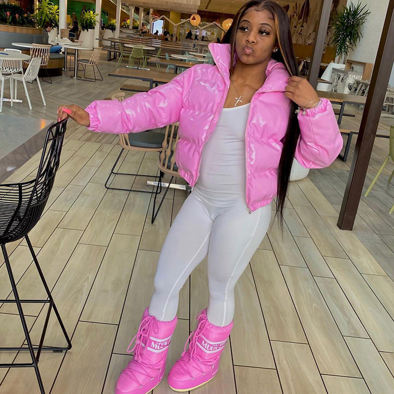Women's Bright Pu Puffer Jackets Warm Bubble Coat Down Parkas Zipper Crop Jacket