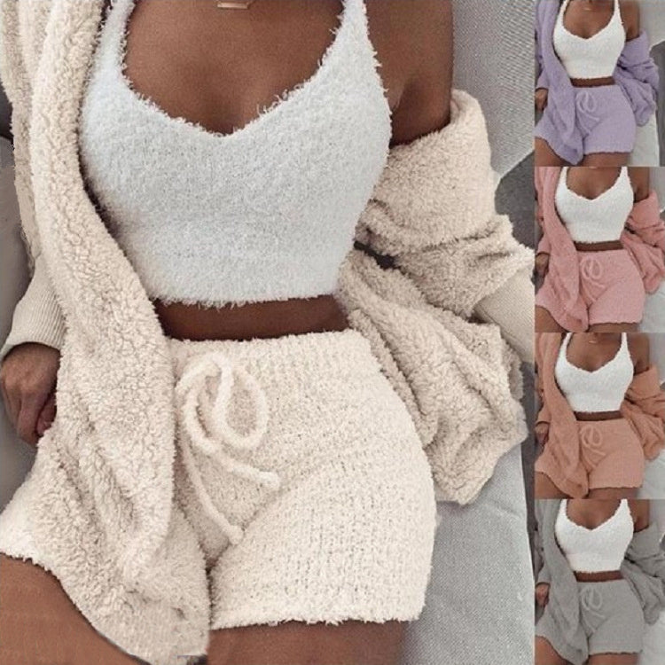 Womens Clothing 3 pcs Long Sleeve Crop Tank Top And Drawstring Shorts Pajama Set