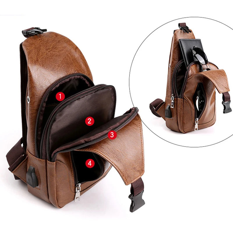 Leather Sling Bag Mens Crossbody Bag Chest Bag Sling Backpack for Men with USB Charge Port