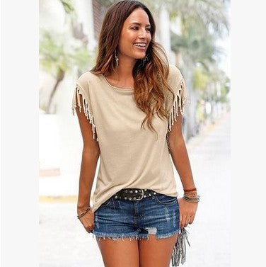 Ladies Europe and America big size round neck short sleeve cuffs tassel T-shirt cotton tops