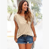 Ladies Europe and America big size round neck short sleeve cuffs tassel T-shirt cotton tops