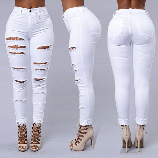 Womens High Waist Ripped Jeans Skinny Pants Leggings, Slim Stretch pencil Pant