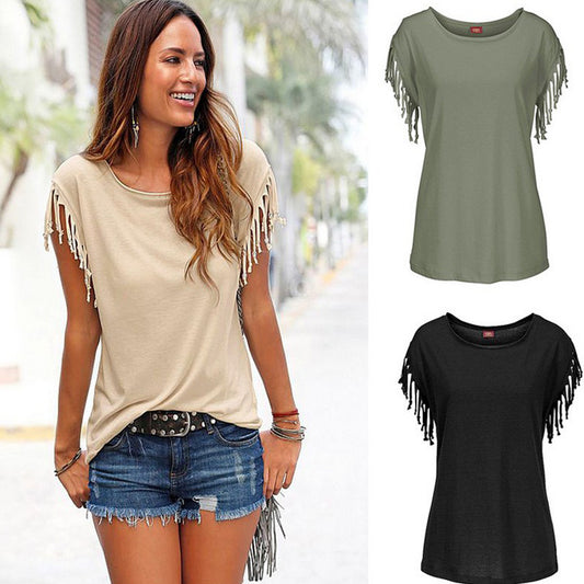 Ladies Europe and America big size round neck short sleeve cuffs tassel T-shirt cotton tops