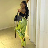 Women's Faux Leather Metallic High Waist Pants Straight Wide Leg Pants Punk Trousers