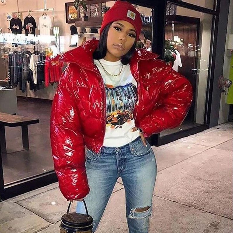 Women's Bright Pu Puffer Jackets Warm Bubble Coat Down Parkas Zipper Crop Jacket