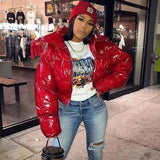 Women's Bright Pu Puffer Jackets Warm Bubble Coat Down Parkas Zipper Crop Jacket