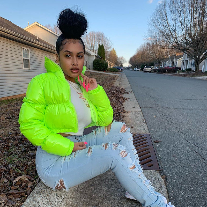Women's Bright Pu Puffer Jackets Warm Bubble Coat Down Parkas Zipper Crop Jacket