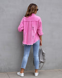 Distressed denim shirt oversized jacket frayed hem ripped shacket neon colours