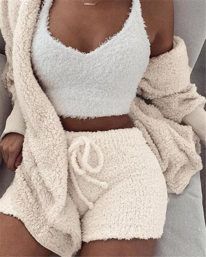 Womens Clothing 3 pcs Long Sleeve Crop Tank Top And Drawstring Shorts Pajama Set
