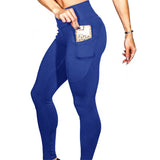 Women Mobile phone pocket leggings female solid color high elastic yoga hip high waist yoga pants